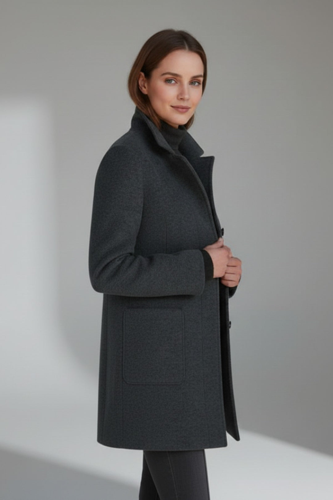 Edwige Mid Length Winter Coat Stand Collar Button Front for Women in Black
