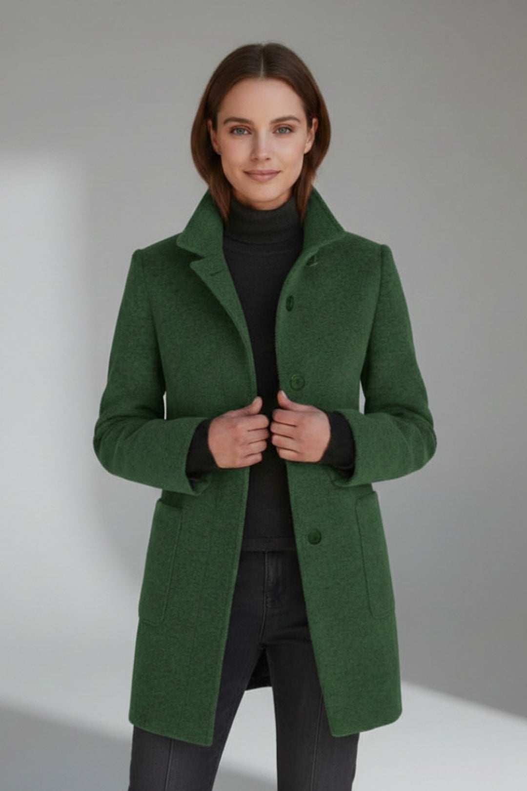 Edwige Mid Length Winter Coat Stand Collar Button Front for Women in Black