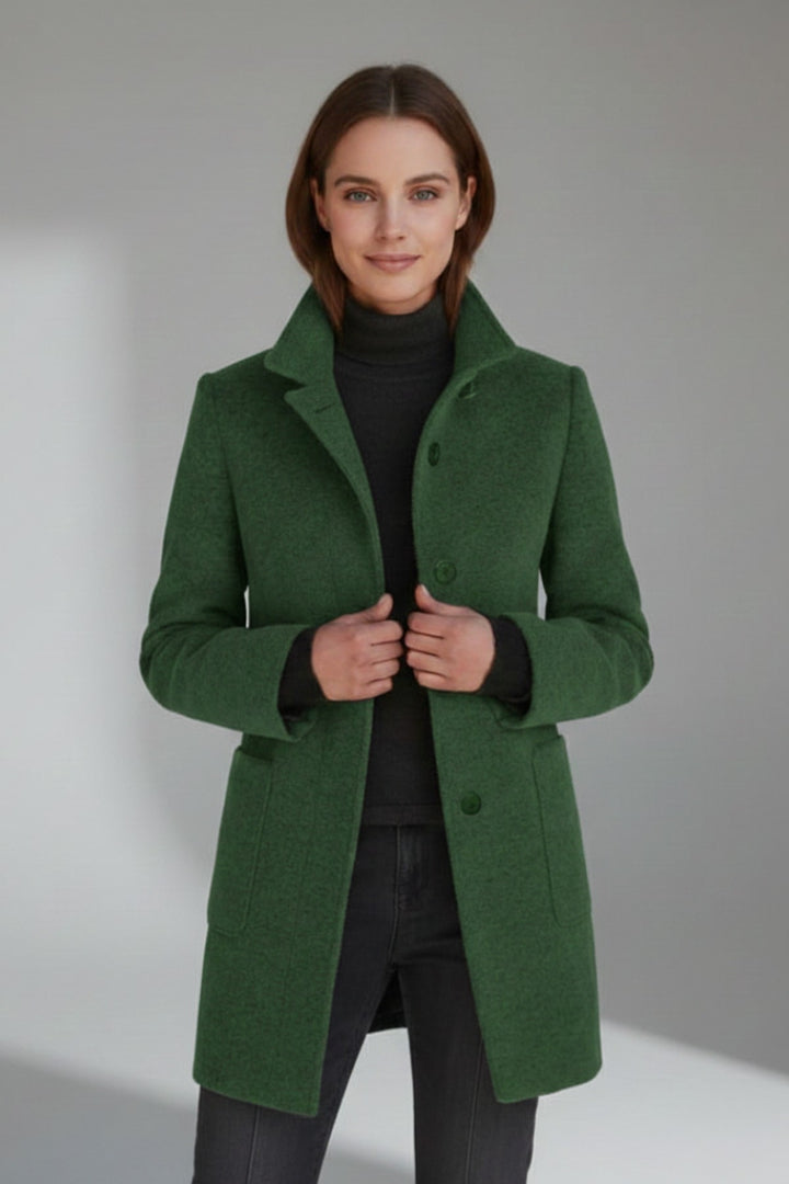 Edwige Mid Length Winter Coat Stand Collar Button Front for Women in Black