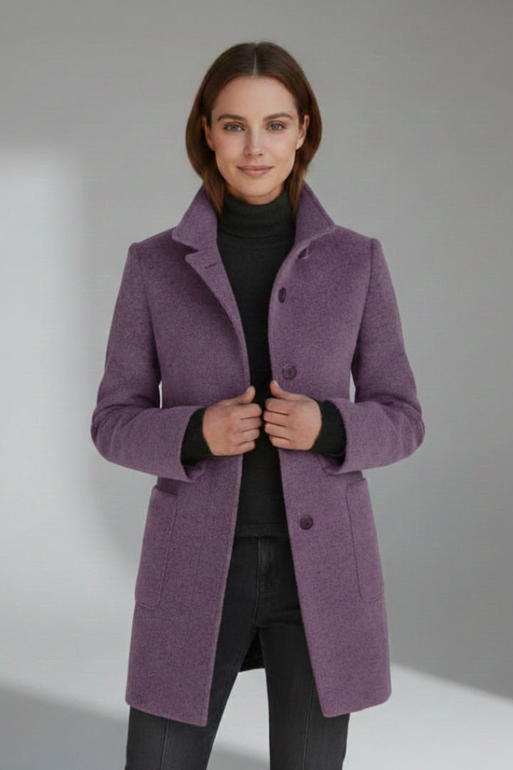 Edwige Mid Length Winter Coat Stand Collar Button Front for Women in Black