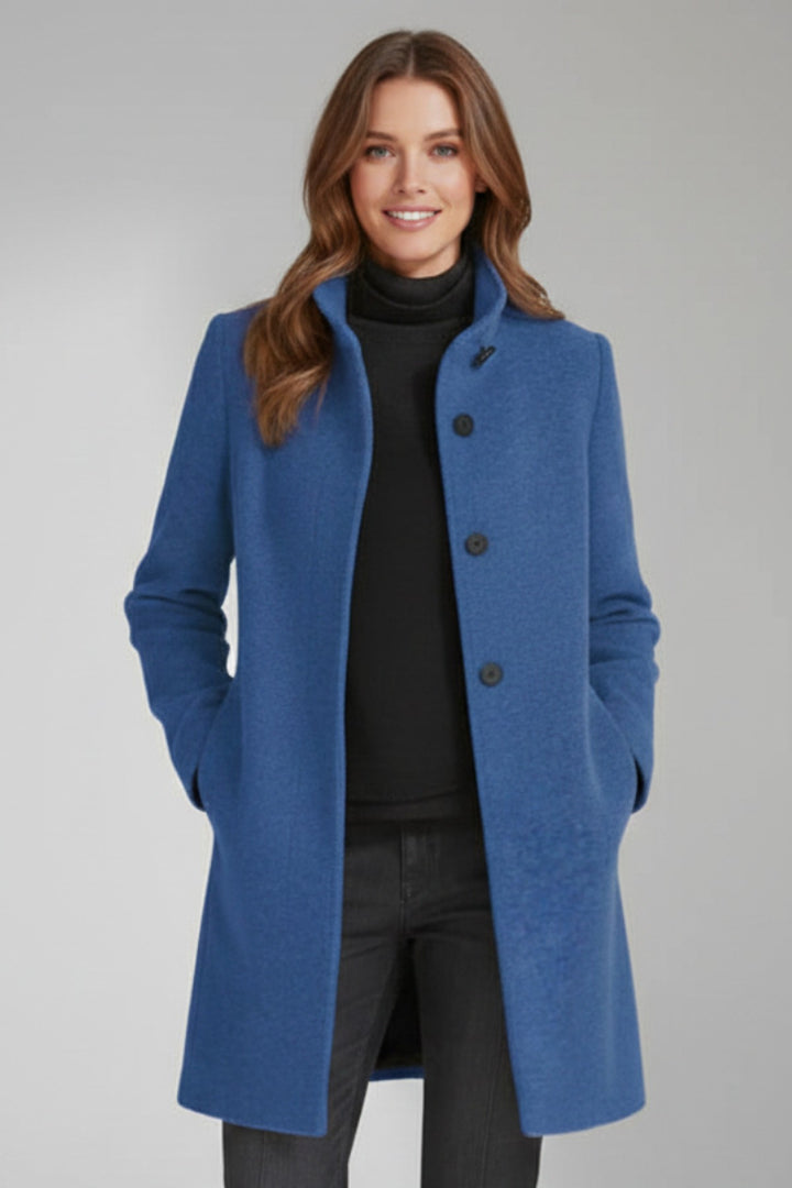 Edwige Mid Length Winter Coat Stand Collar Button Front for Women in Black