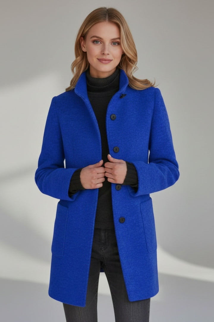 Edwige Mid Length Winter Coat Stand Collar Button Front for Women in Black