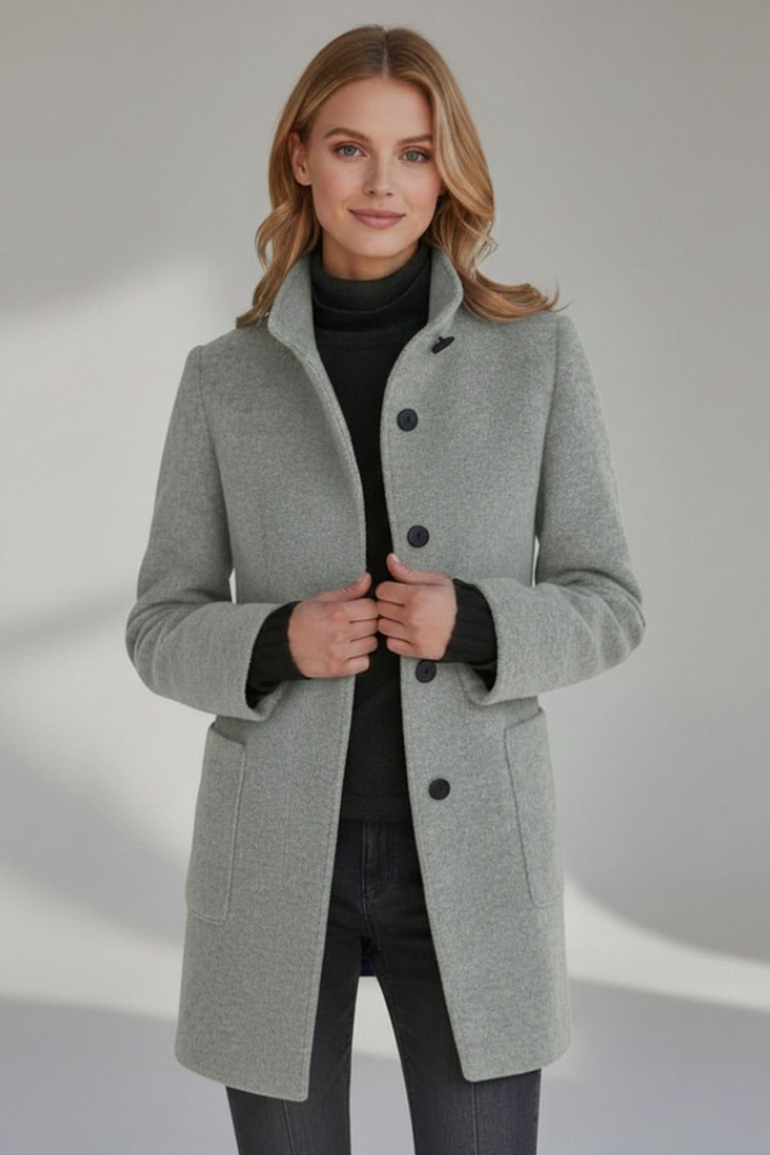 Edwige Mid Length Winter Coat Stand Collar Button Front for Women in Black