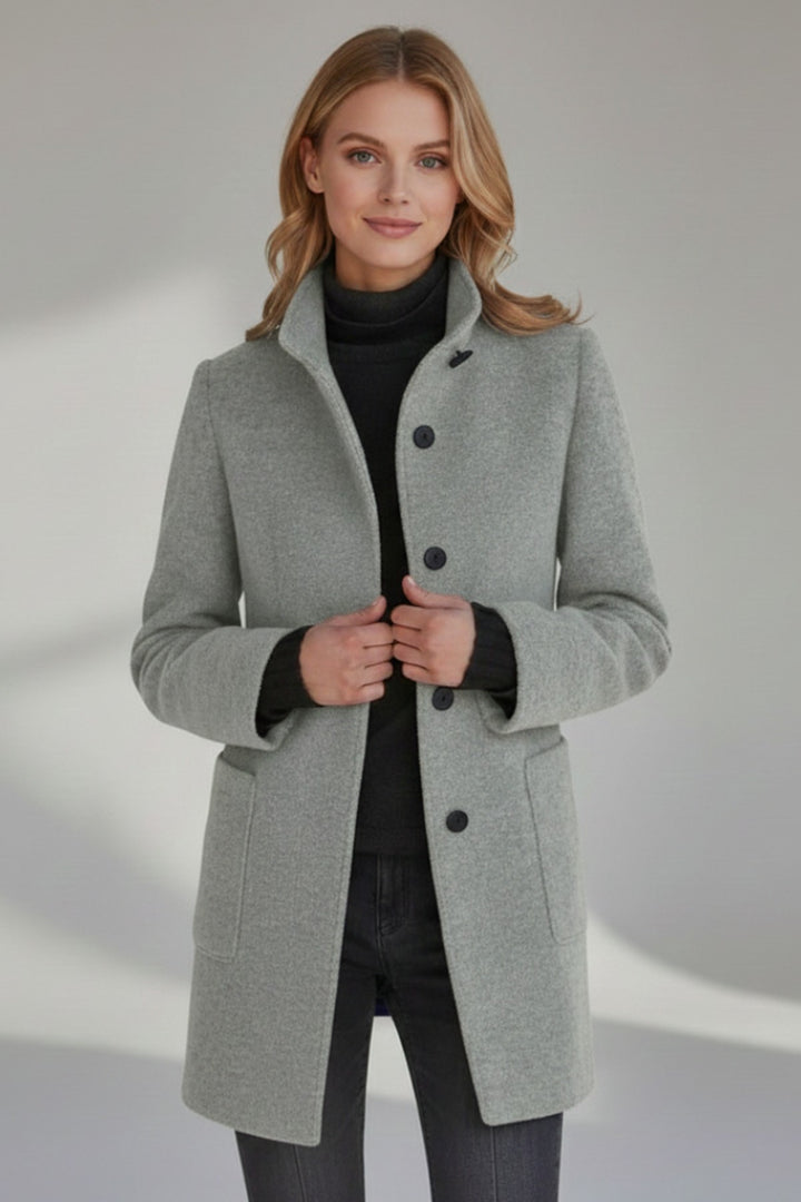Edwige Mid Length Winter Coat Stand Collar Button Front for Women in Black