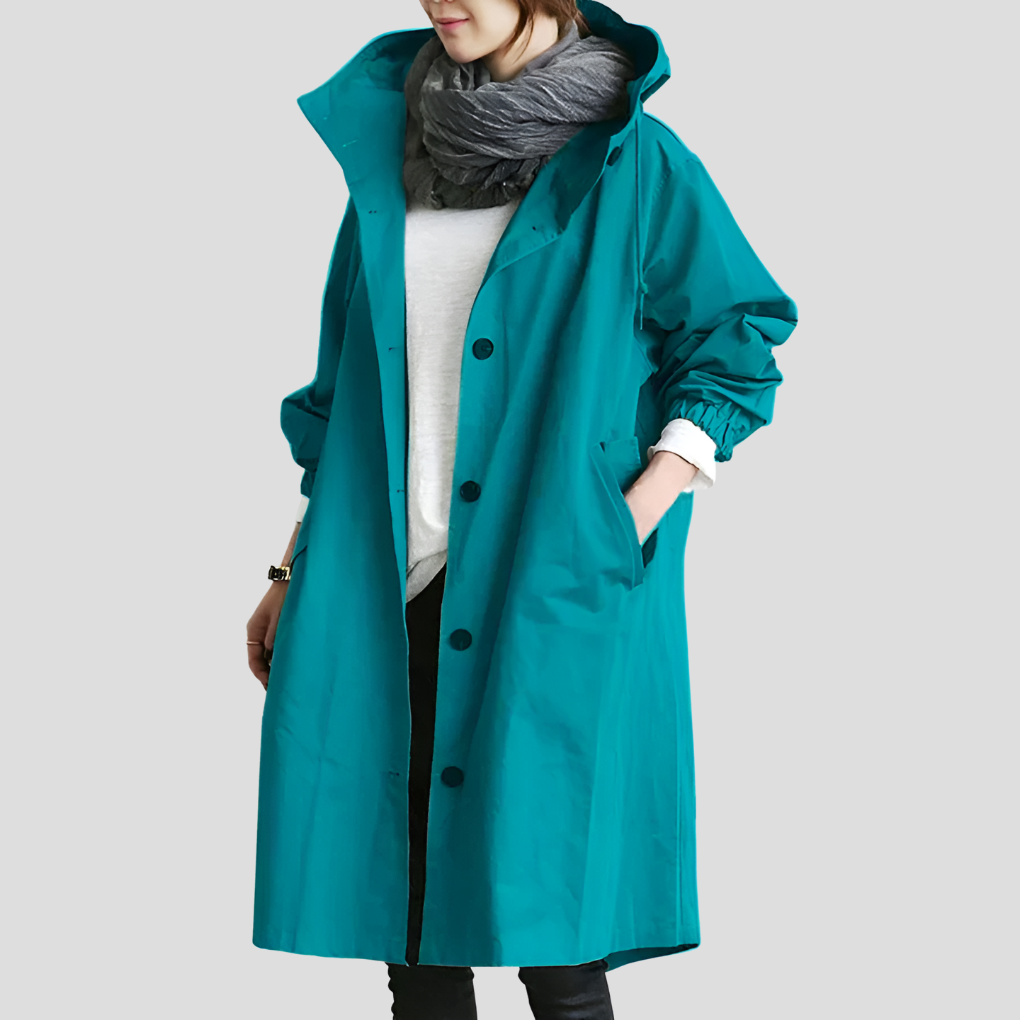 Longline Hooded Raincoat — women's rain jacket in light blue