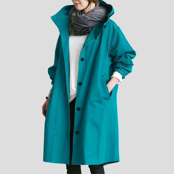 Longline Hooded Raincoat — women's rain jacket in light blue