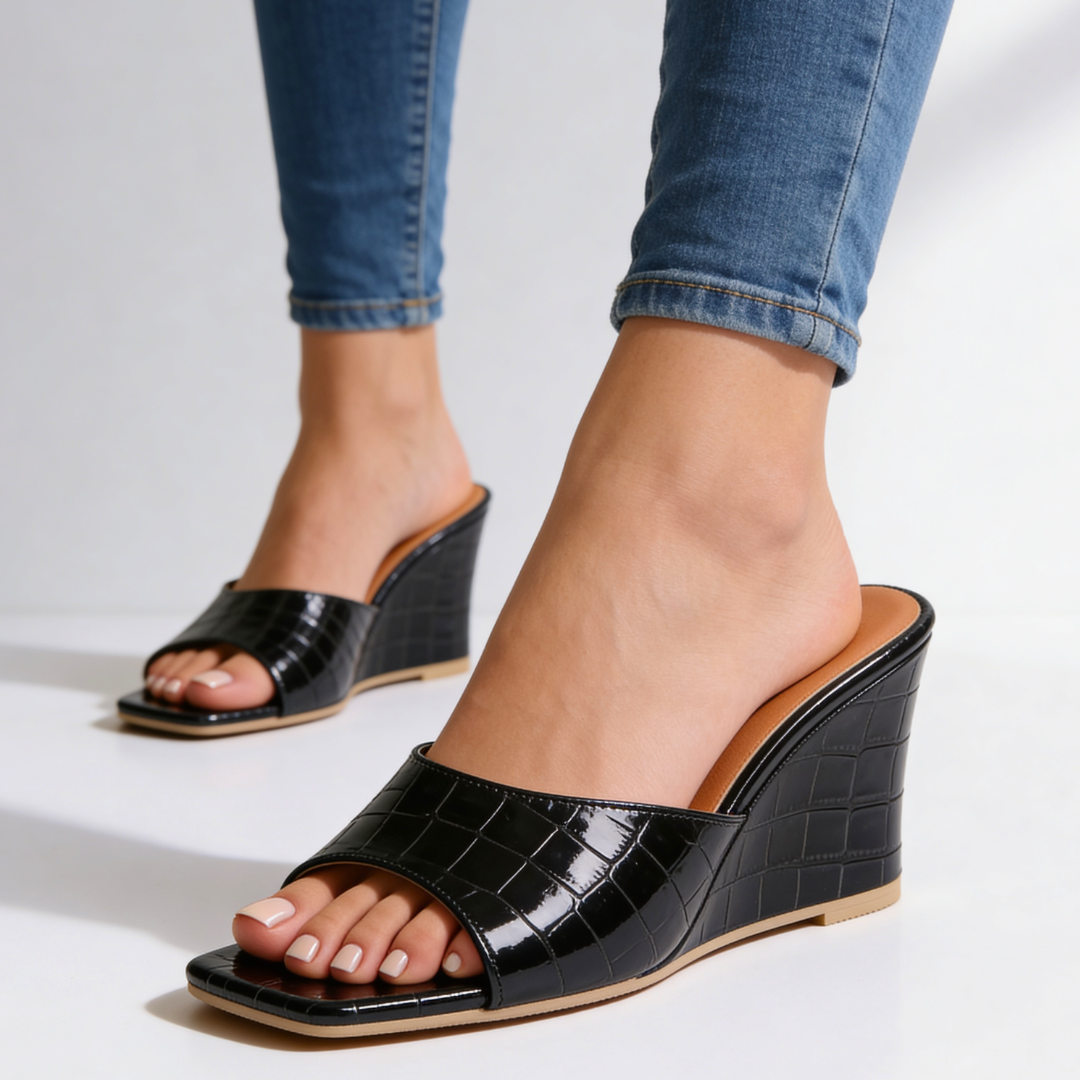 Croc Effect Wedge Mules — women's mules in blue