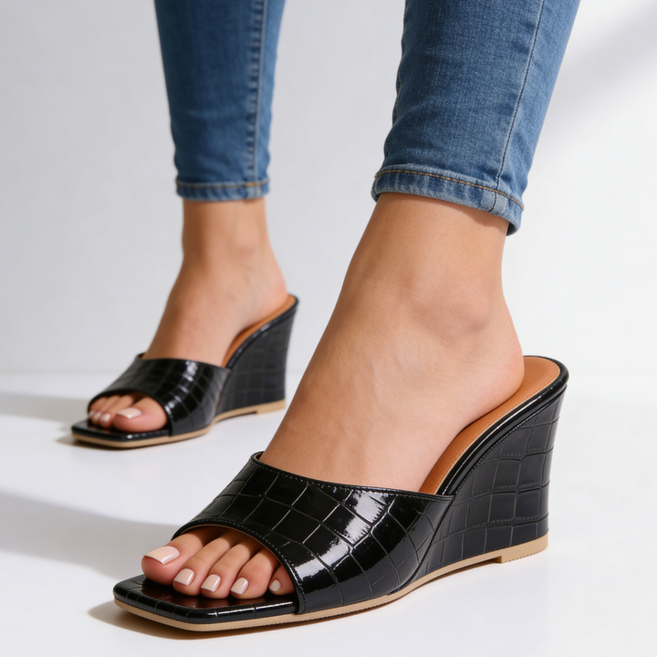 Croc Effect Wedge Mules — women's mules in blue