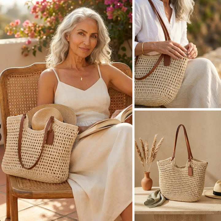 Pernelle | Large Straw Tote Shoulder Bag for Women - angled view