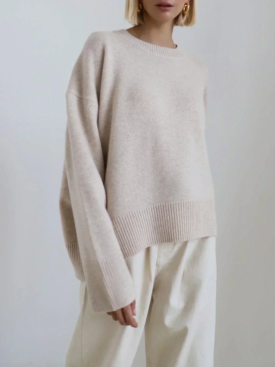 Zelie Oversized Knit Sweater Crew Neck Wool for Women in Beige