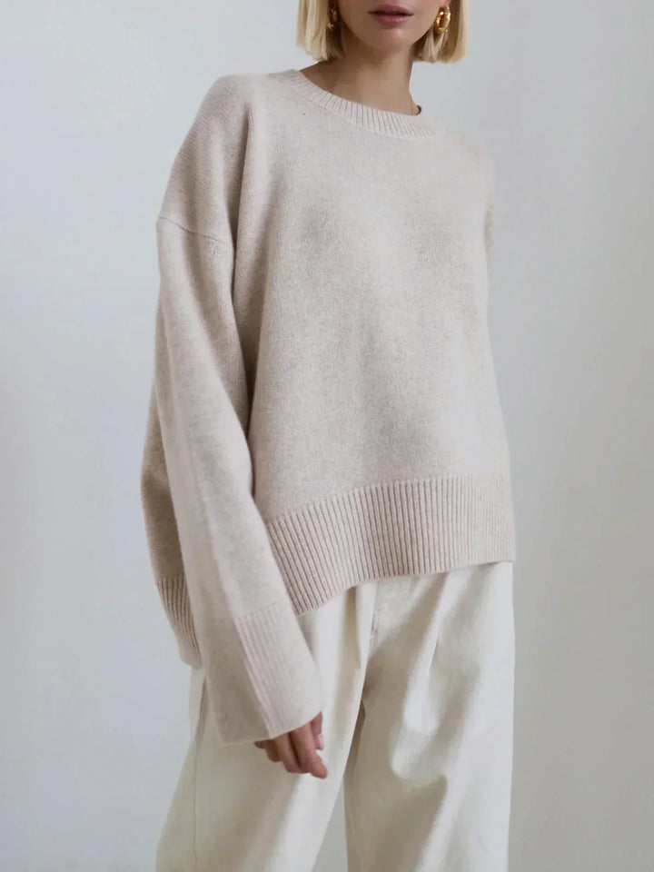 Zelie Oversized Knit Sweater Crew Neck Wool for Women in Beige