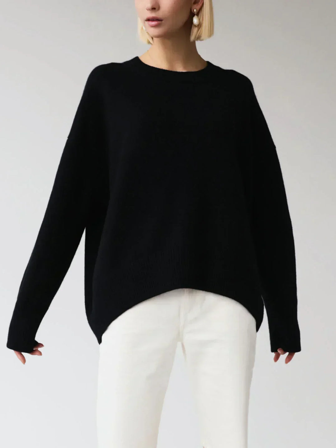 Zelie Oversized Knit Sweater Crew Neck Wool for Women in Black
