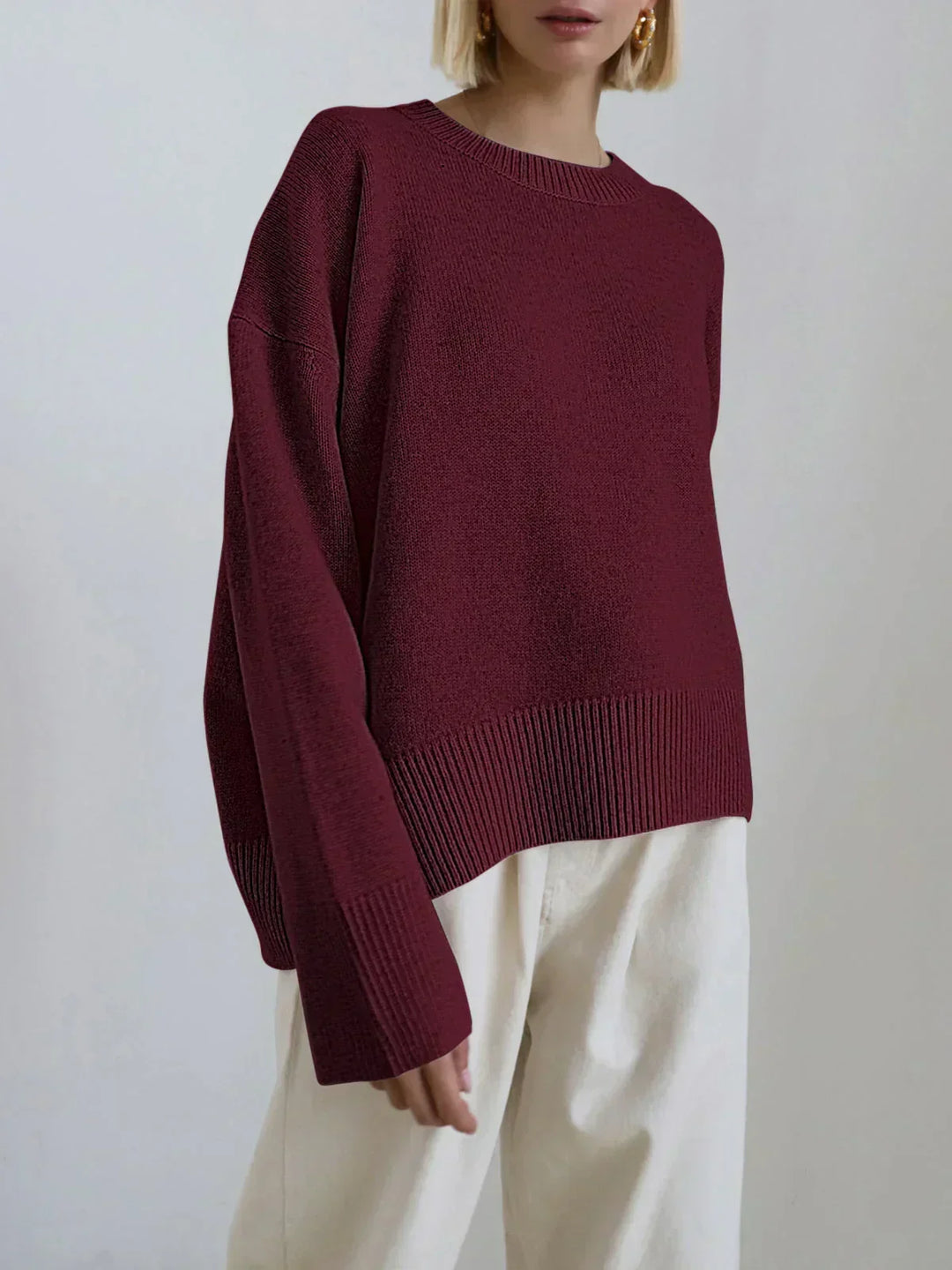 Zelie Oversized Knit Sweater Crew Neck Wool for Women in Red