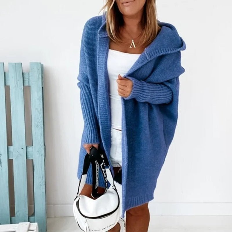 Nadine Casual Long Cardigan Hooded Knitted for Women in Blue
