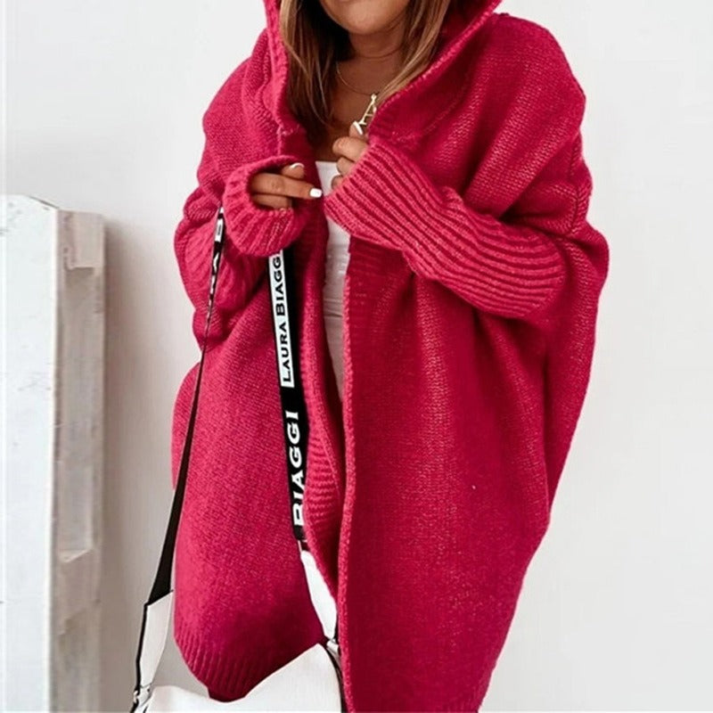 Nadine Casual Long Cardigan Hooded Knitted for Women in Red