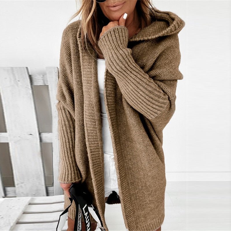 Nadine Casual Long Cardigan Hooded Knitted for Women in Khaki