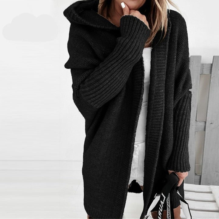 Nadine Casual Long Cardigan Hooded Knitted for Women in Black