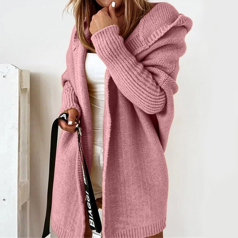 Nadine Casual Long Cardigan Hooded Knitted for Women in Pink