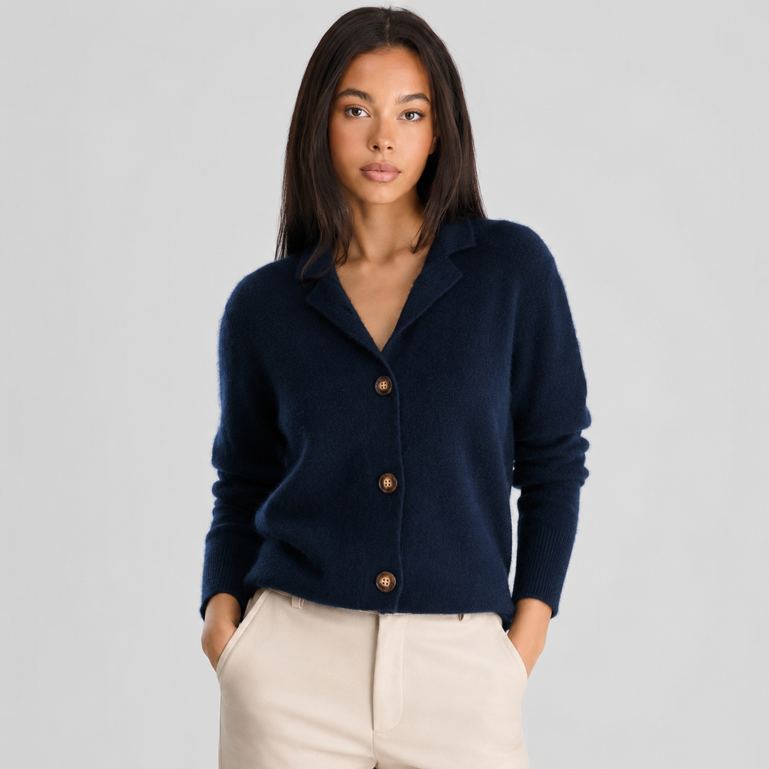 Jolie Notched Collar Cashmere Cardigan Button Up for Women in Navy