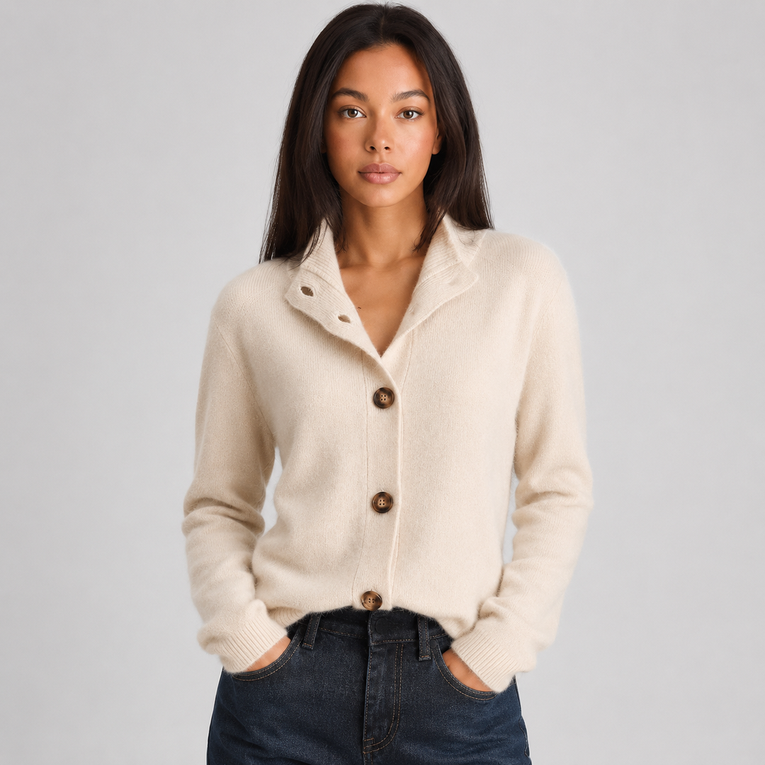 Jolie Notched Collar Cashmere Cardigan Button Up for Women in Beige