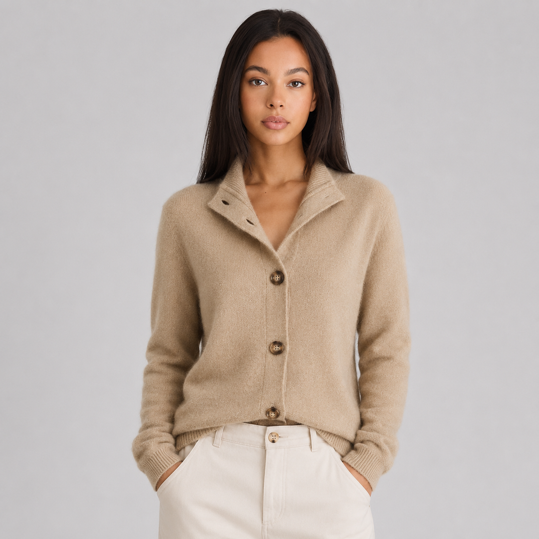 Jolie Notched Collar Cashmere Cardigan Button Up for Women in Khaki