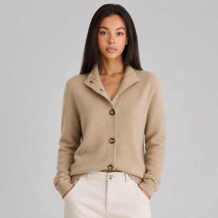 Jolie Notched Collar Cashmere Cardigan Button Up for Women in Khaki