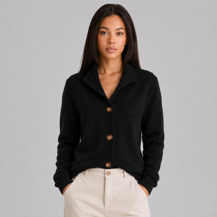 Jolie Notched Collar Cashmere Cardigan Button Up for Women in Black