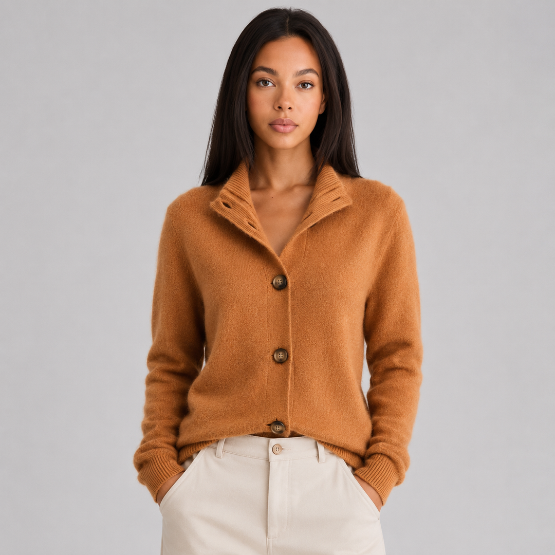 Jolie Notched Collar Cashmere Cardigan Button Up for Women in Orange