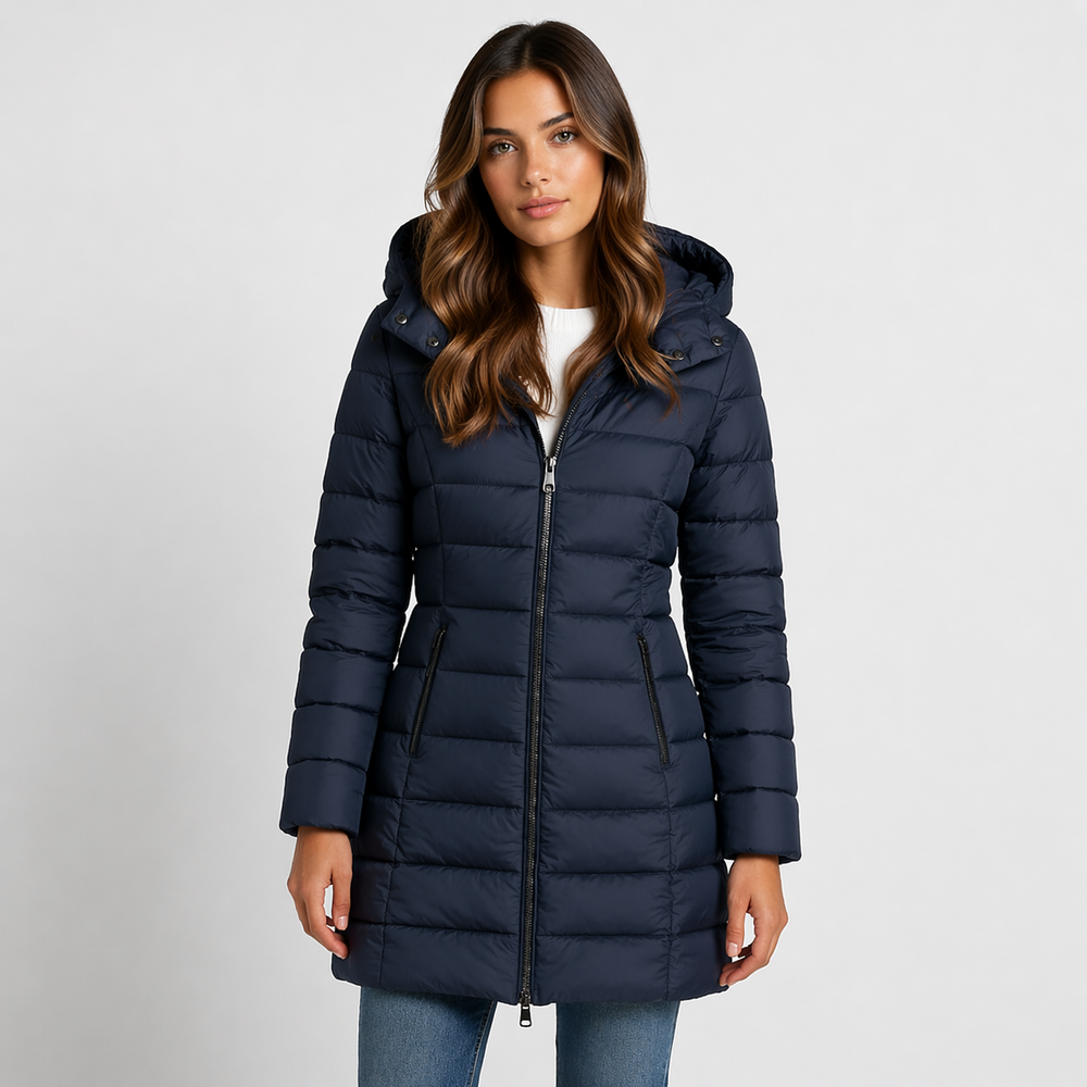 Hooded Longline Puffer Jacket — puffer jacket for women in gray