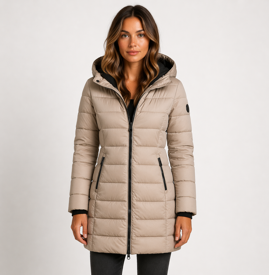 Hooded Longline Puffer Jacket — puffer jacket for women in khaki