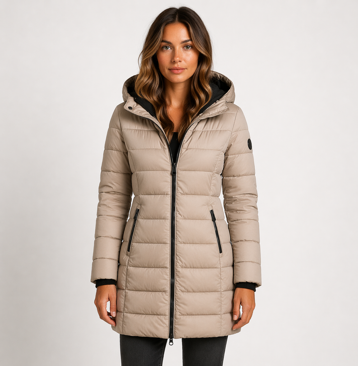 Hooded Longline Puffer Jacket — puffer jacket for women in khaki