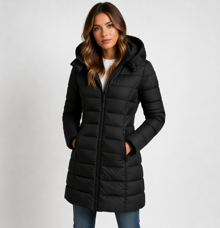 Hooded Longline Puffer Jacket — puffer jacket for women in navy blue