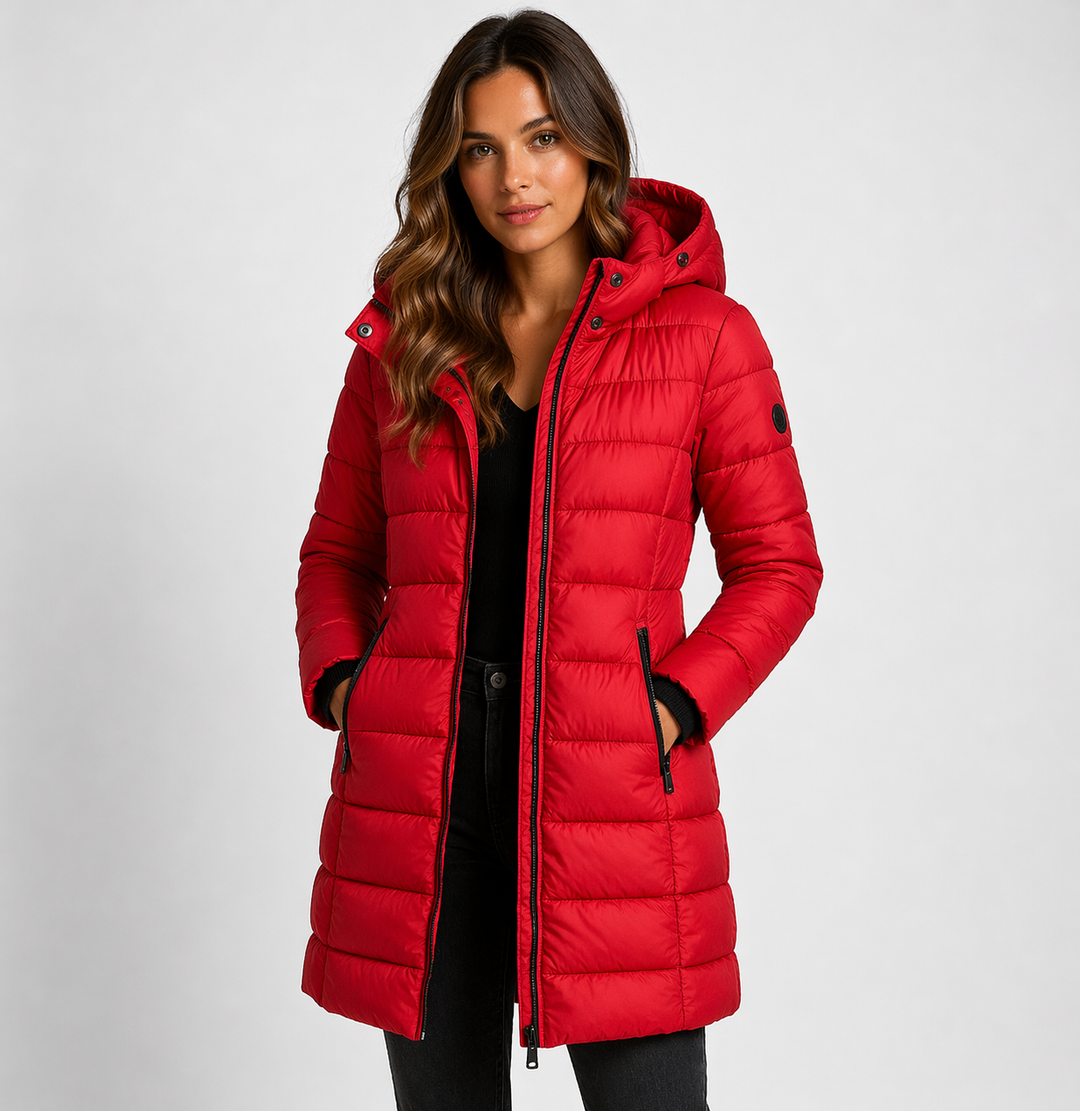 Hooded Longline Puffer Jacket — puffer jacket for women in red