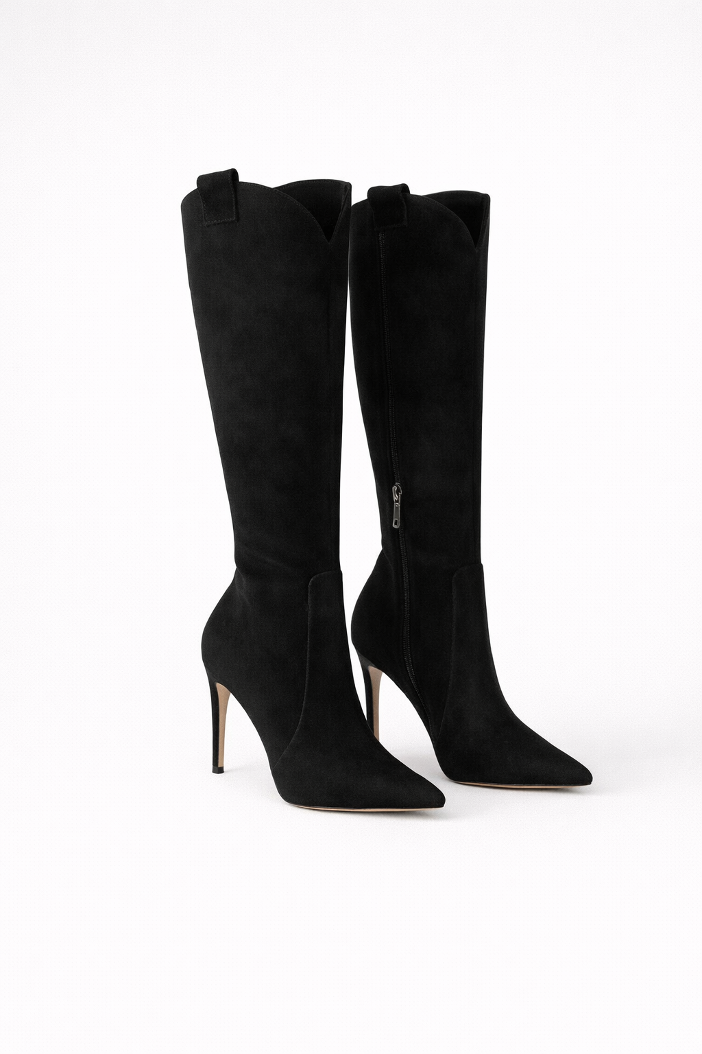 Pointed Heeled Knee High Boots — knee high boots for women in black suede