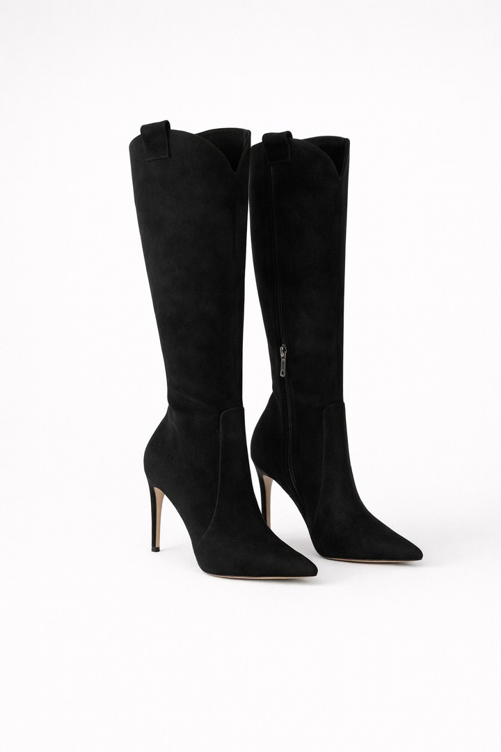 Pointed Heeled Knee High Boots — knee high boots for women in black suede