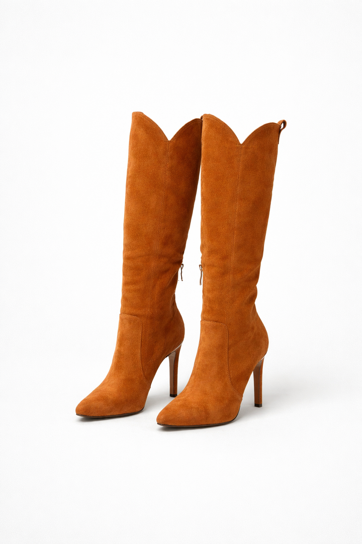 Pointed Heeled Knee High Boots — knee high boots for women in brown suede