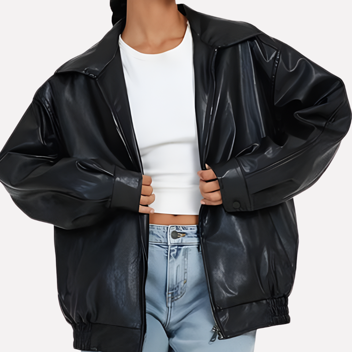 Hazel | Oversized Faux Leather Bomber Jacket for Women