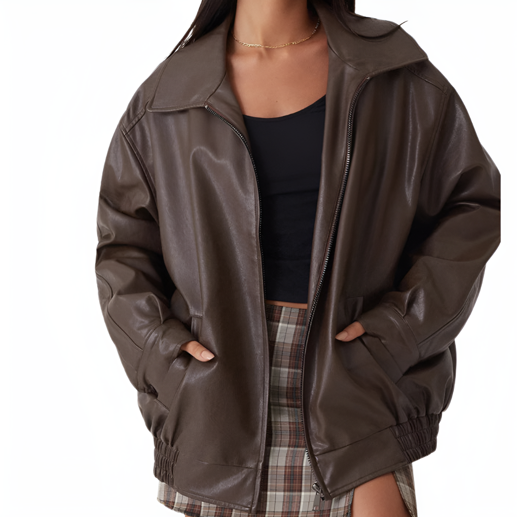 Hazel | Oversized Faux Leather Bomber Jacket for Women