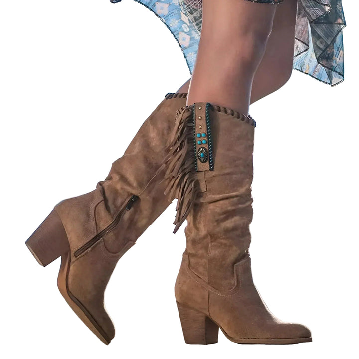 Maelis | Fringed Knee High Cowboy Boots for Women - angled view