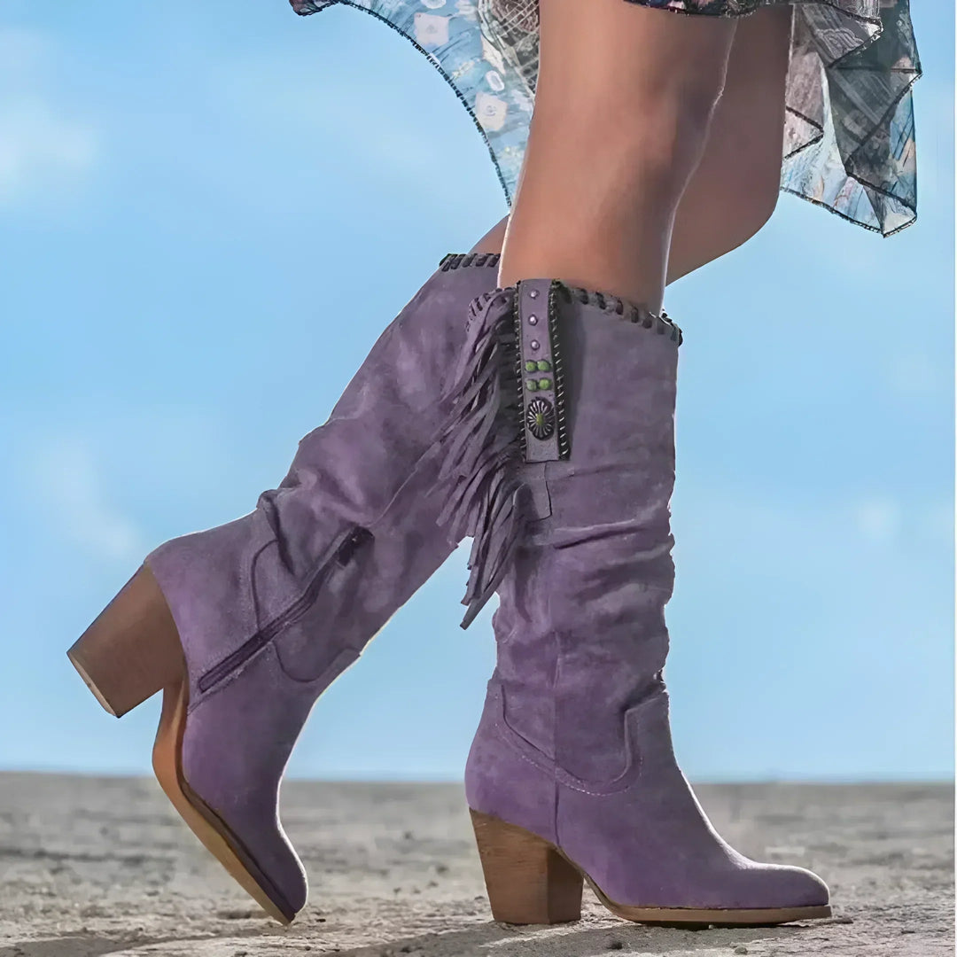 Maelis | Fringed Knee High Cowboy Boots for Women - back view