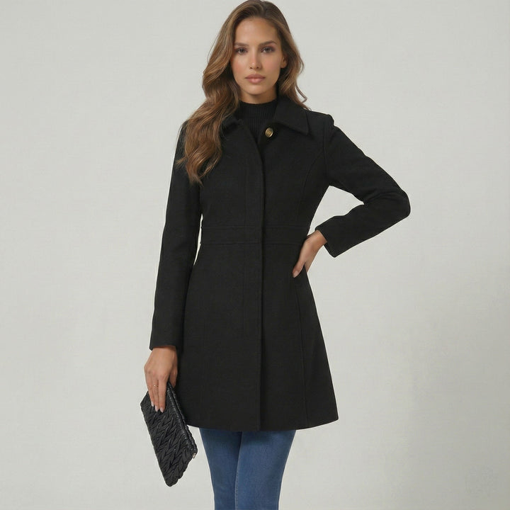 Aurore A Line Coat Button Front Notch Lapel for Women in Black
