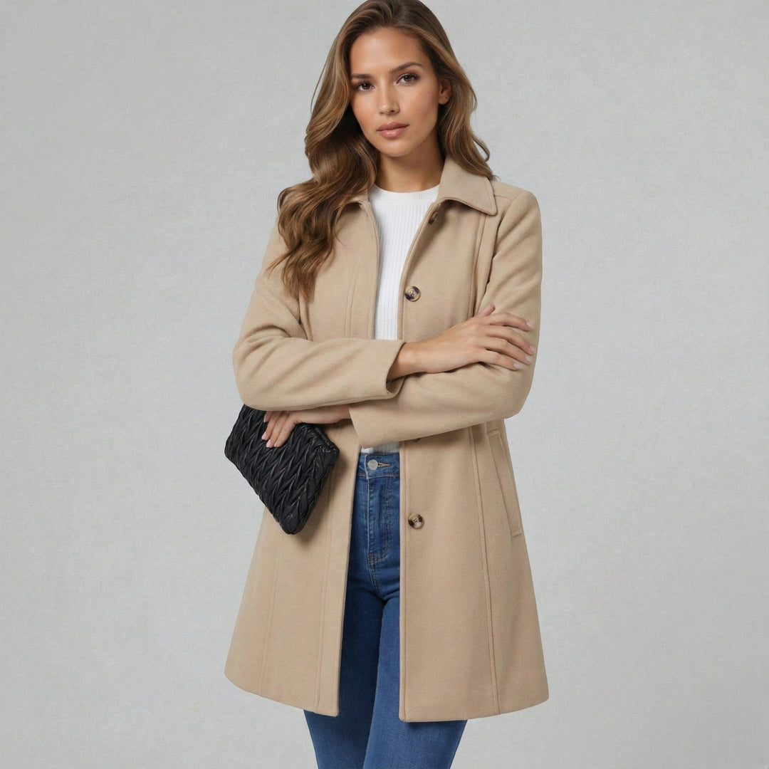 Aurore A Line Coat Button Front Notch Lapel for Women in Beige