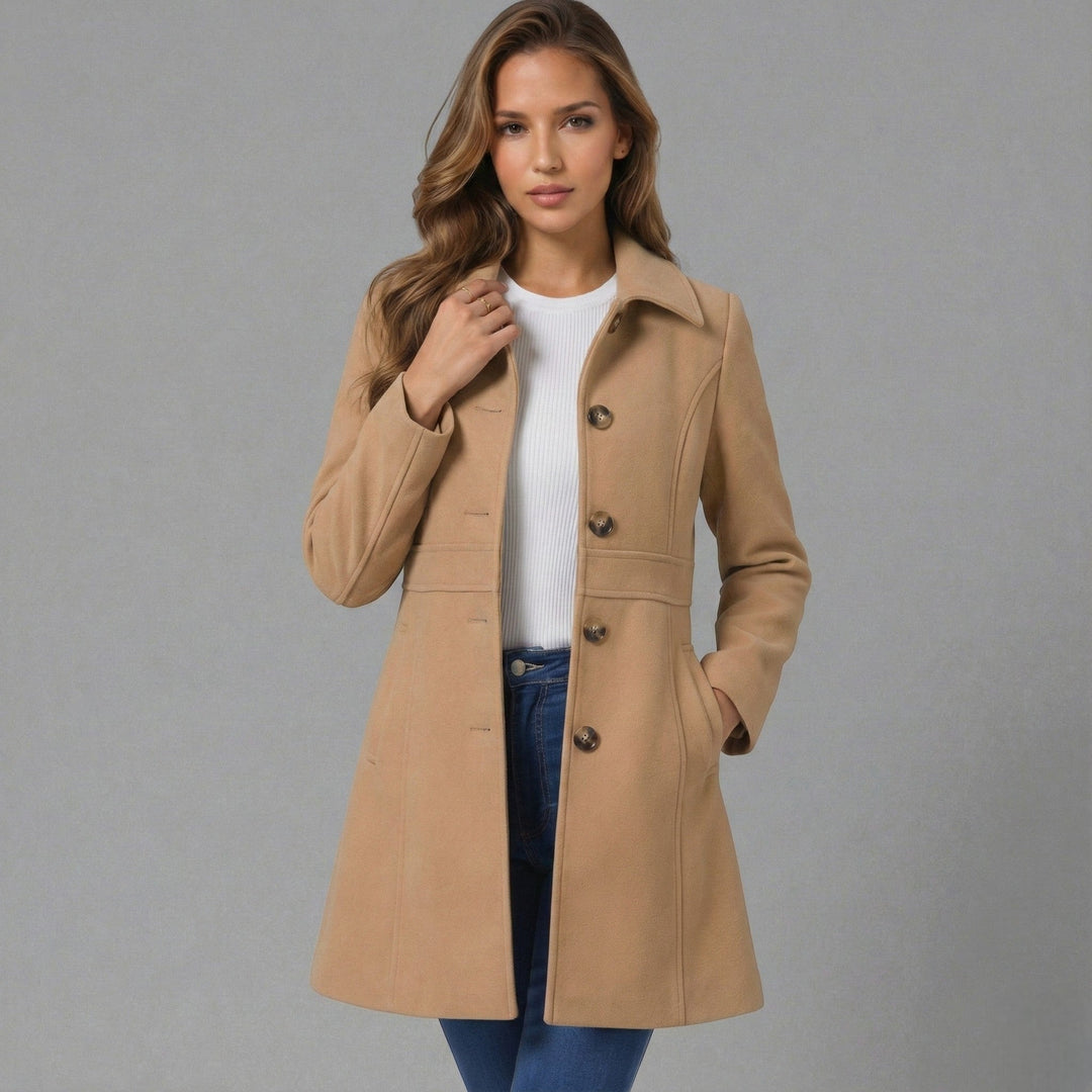 Aurore A Line Coat Button Front Notch Lapel for Women in Khaki