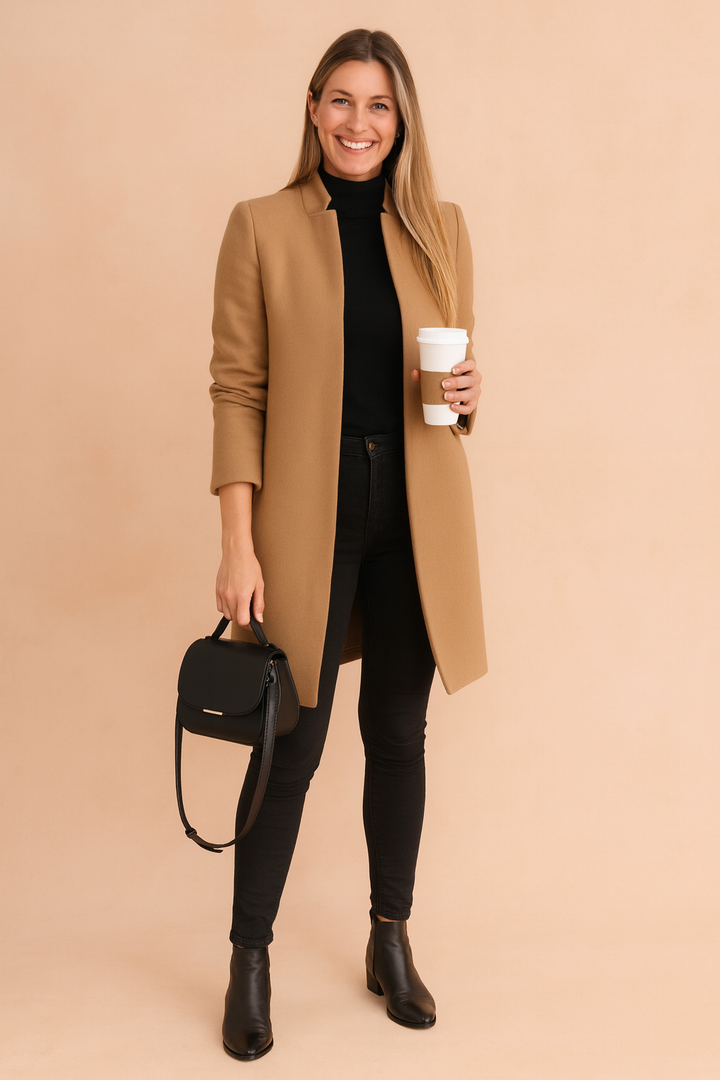 Apolline Minimalist Longline Coat Open Front Camel for Women in Khaki