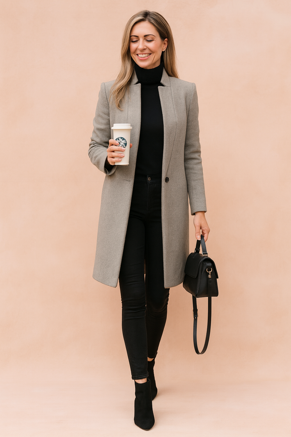 Apolline Minimalist Longline Coat Open Front Camel for Women in Gray