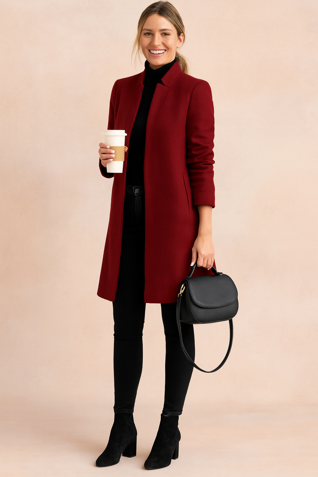 Apolline Minimalist Longline Coat Open Front Camel for Women in Burgundy