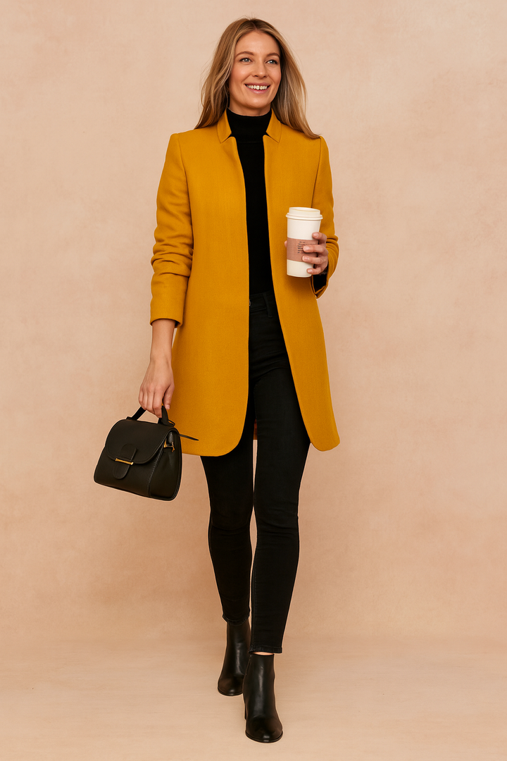 Apolline Minimalist Longline Coat Open Front Camel for Women, view 6
