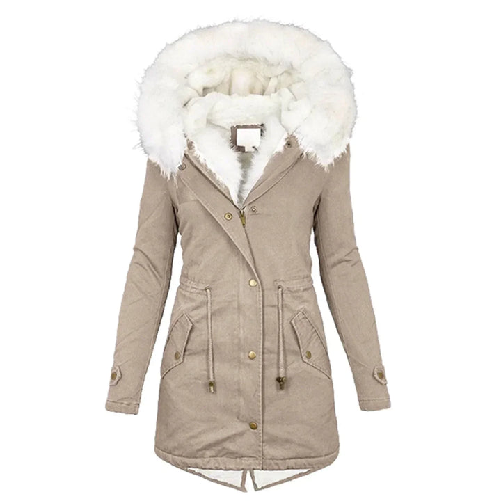 Adrienne Hooded Winter Parka Coat Faux Fur Trim for Women in Beige