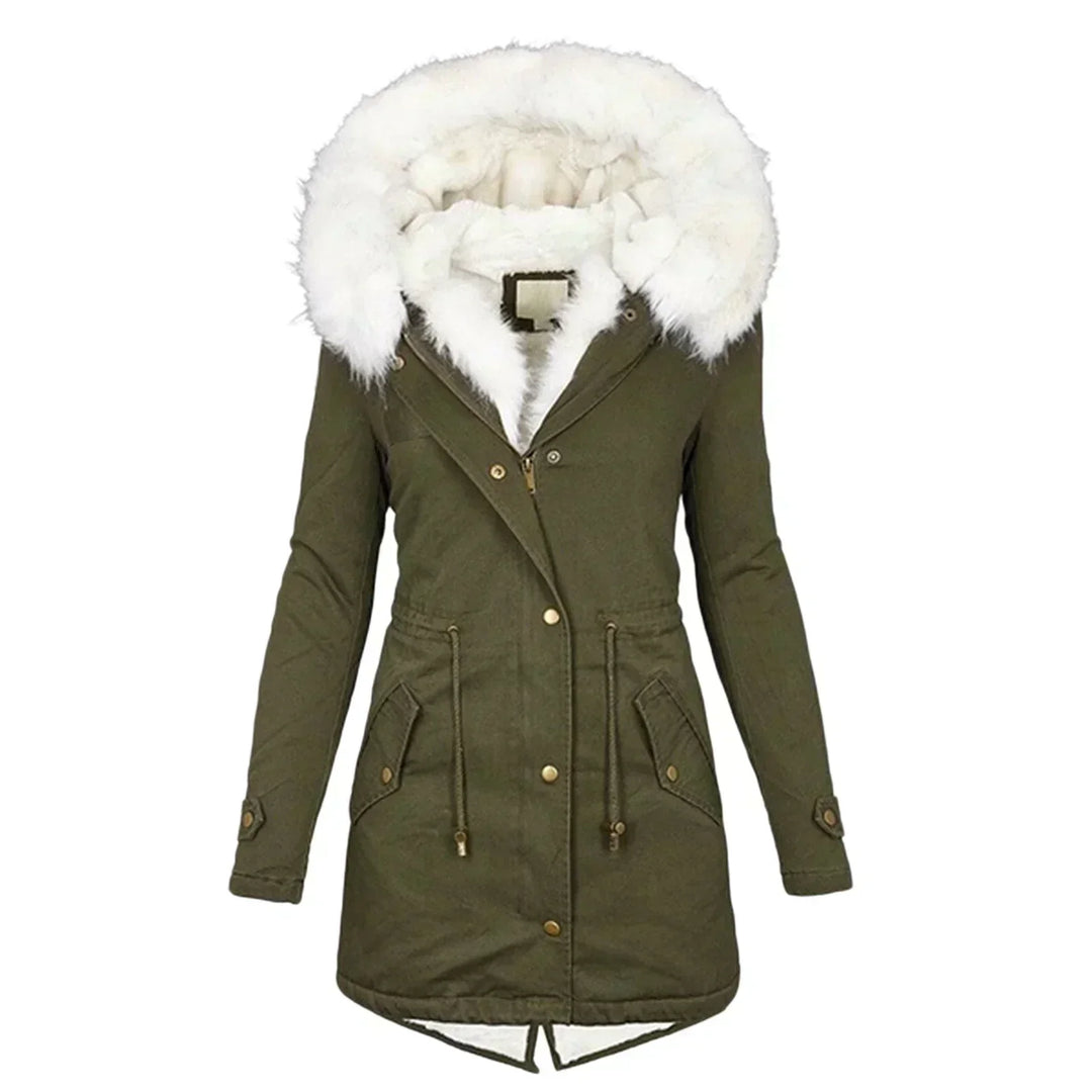 Adrienne Hooded Winter Parka Coat Faux Fur Trim for Women in Vert