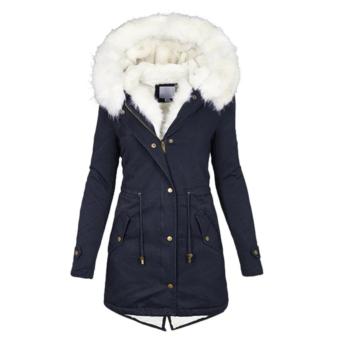 Adrienne Hooded Winter Parka Coat Faux Fur Trim for Women in Bleu